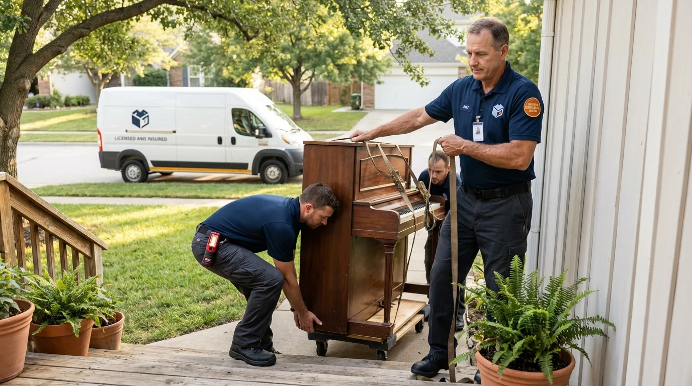 Licensed piano movers securing grand piano in Cherry Hill, NJ