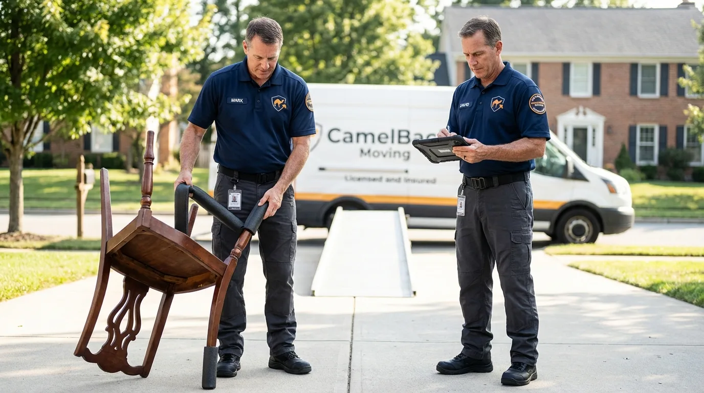 Movers inspecting furniture for damage prevention before loading in Cherry Hill, NJ